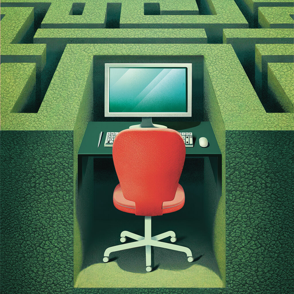 en kontorsplats i en labyrint gjord av välklippta häckar