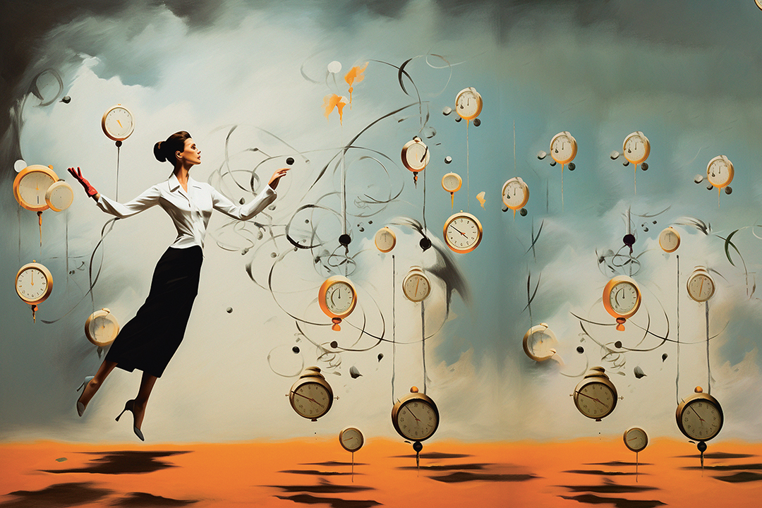 surrealistisk illustration, en kvinna flyger i luften omgiven av klockor.