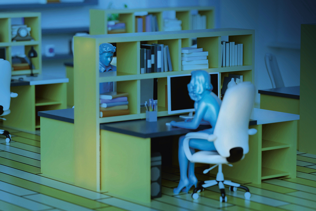 Minifigurer sitter i ett kontorslandskap